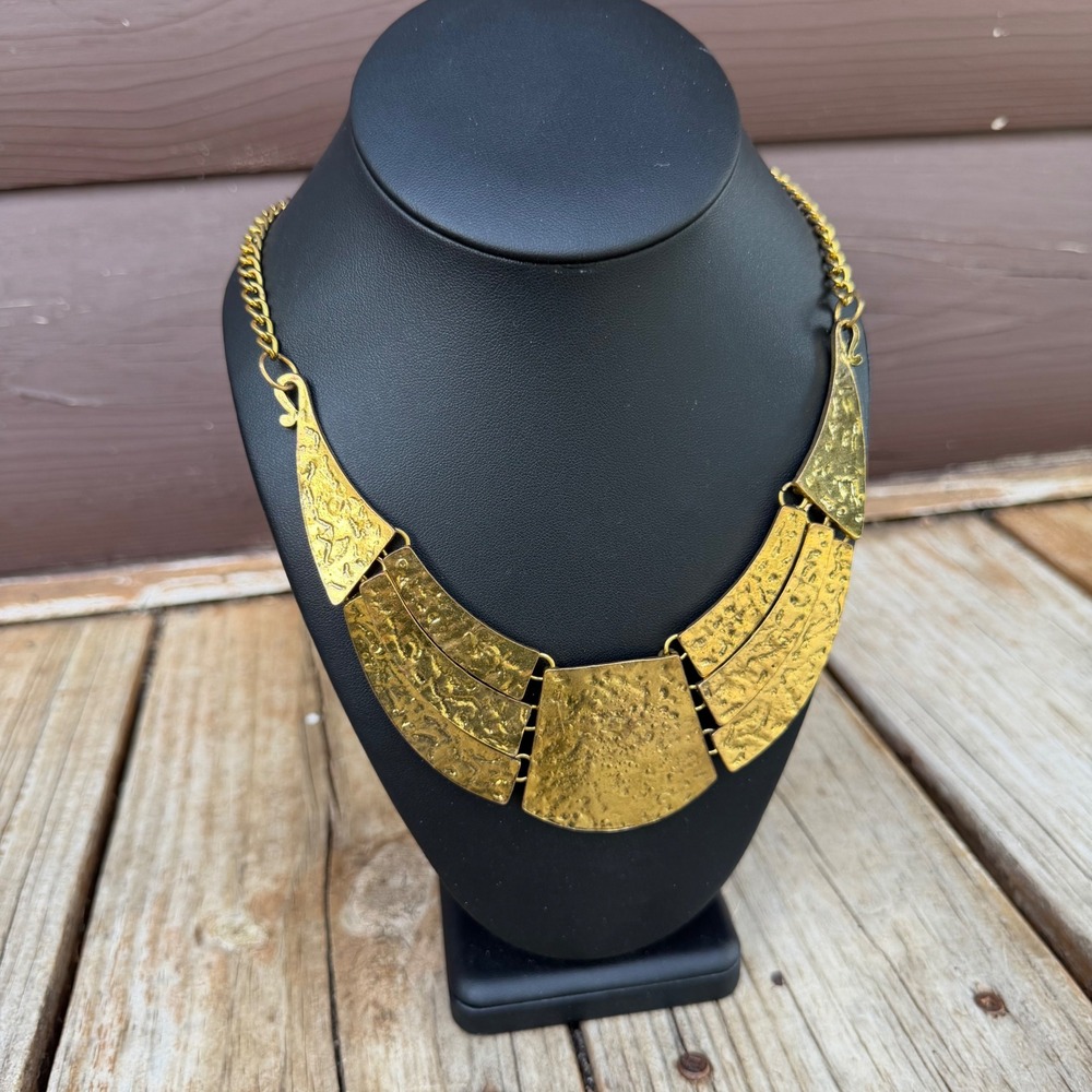 Hammered Gold Bib Statement Necklace Women Gold Tone Textured Tiered Design